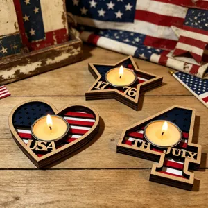 Independence Day wooden candle holder set, patriotic star heart table decor items.