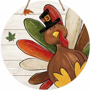 Detailed view of Thanksgiving wooden door sign featuring cute turkey design and thankful text.