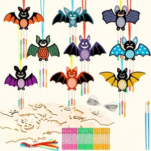 Halloween Kids DIY Wooden Bat Wind Chime Kit Unpainted Hanging Ornament Craft Set Halloween Party Home Decoration