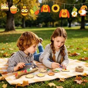 Fall wooden DIY hanging ornaments set, kids painting autumn crafts for school and party.