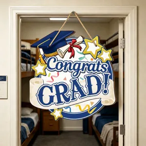 Wooden graduation hanging sign for party decor, blue and white wooden sign with cap and stars.