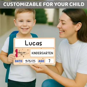 Detailed scene of personalized wooden first day of school sign held by child and mother.