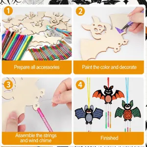 Kids Halloween DIY wind chime kit with wooden bat pendants, colorful markers and hanging strings.