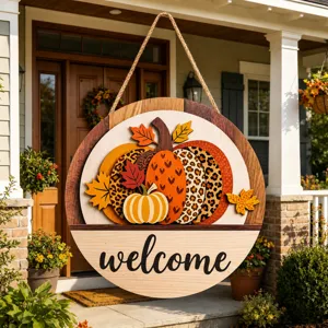 Detailed view of the autumn wooden pumpkin hanging sign with welcome text and maple leaves.