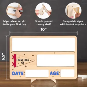 Personalized wooden first day of school sign board with wipe clean acrylic panels for kids.