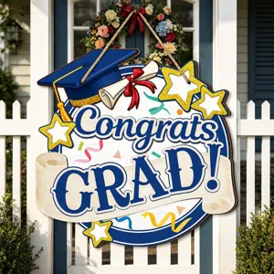 Wooden graduation door sign hanging detail, blue cap and stars design for party decor.