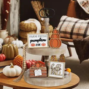 Vassoio a Livelli Autunno Ringraziamento Decorazione Legno Zucca Segno Ornamento