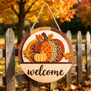Detailed view of the autumn Thanksgiving pumpkin wooden hanging sign, featuring layered rustic design.