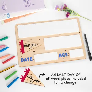 Personalized wooden back to school board sign with interchangeable first and last day pennants.