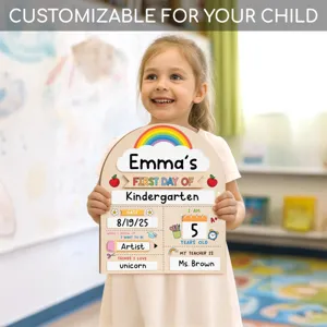 Customizable wooden back-to-school sign detail, perfect kids photo prop for memory.