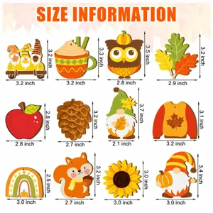 Wooden autumn decorations back to school party hanging ornaments set with size specs.