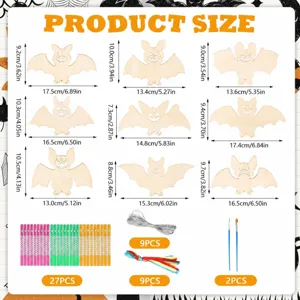 Halloween DIY wooden bat wind chime size chart with detailed dimensions and accessories quantity.