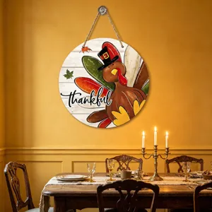Thanksgiving wooden hanging sign round turkey plaque festival autumn party wall decor item