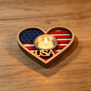 Close-up view of the heart-shaped wooden tealight candle holder with patriotic flag details.