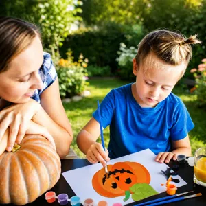 Kids Halloween pumpkin DIY painting craft set with colorful acrylic paints and brushes.