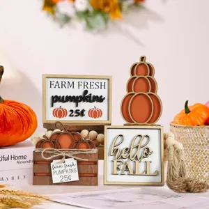 Decorazione vassoio a livelli autunnale in legno set di insegne di zucca rustico