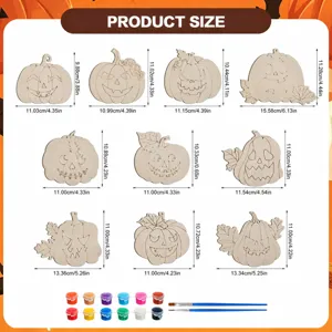 Wooden pumpkin cutouts size chart details showing dimensions for DIY Halloween party decor.