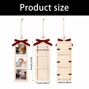 Wooden 3-photo hanging picture frame with buffalo plaid bow and rope for holiday decor.