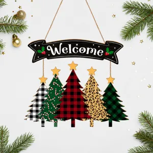 Plaque Suspendue de Porte de Noël en Bois Bienvenue Joyeux Noël Motif Carreau Motif Léopard Décoration Murale de Fête à la Maison
