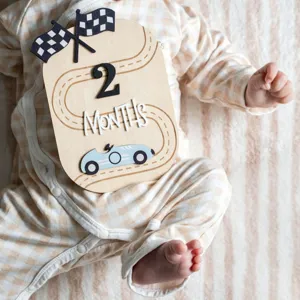 Wooden baby milestone monthly plaque photography prop, newborn growth tracking sign with car.