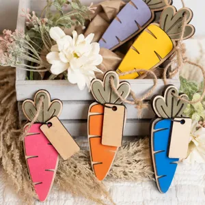Wooden carrot hanging ornament details, colorful Easter holiday decoration with jute twine.