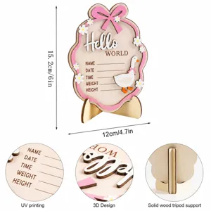 Wooden baby birth milestone plaque with pink bow cute goose design and record fields for stats.