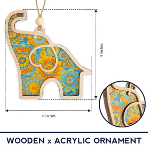Detailed view of the 4-inch wooden and acrylic elephant hanging ornament with vibrant floral pattern.