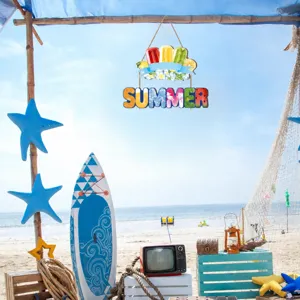 Wooden summer beach party hanging sign with cute flamingo and ice cream decor for home.