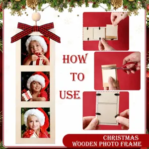 Christmas wooden hanging picture frame with bow and rope for festive holiday party decoration.