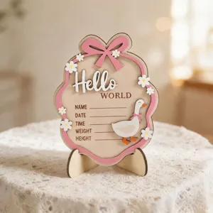 Wooden Baby Birth Milestone Plaque Pink Bow Goose Newborn Welcome Gift Baby Room Desktop Decor Sign