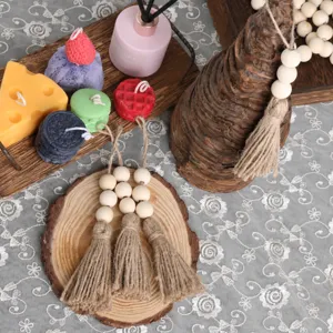 Hemp rope wood bead tassel wall hanging rustic vintage bohemian home decor pendant