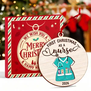 Personalized nurse Christmas ornament 2026, wooden holiday tree hanging decoration gift box