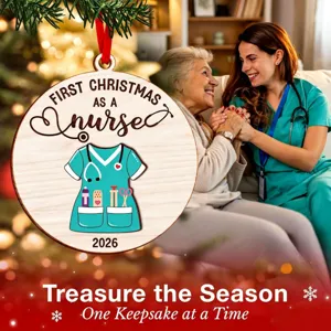 Close-up detail of personalized wooden nurse Christmas ornament with scrub graphic and 2026.