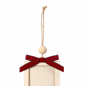 Christmas wooden photo frame hanging decoration with red black plaid bow and hemp rope