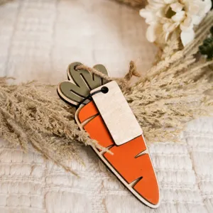 Wooden carrot Easter hanging ornament, rustic festival party decor pendant with jute rope.