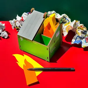 Porte-stylo poubelle en bois vert, organisateur de bureau créatif et boite de rangement stylo.