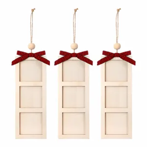 Wooden hanging photo frame with red plaid bow and rope for Christmas and holiday decor detail.