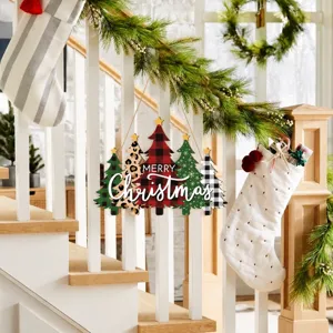 Wooden Christmas tree hanging sign with plaid and leopard patterns for holiday home party decor