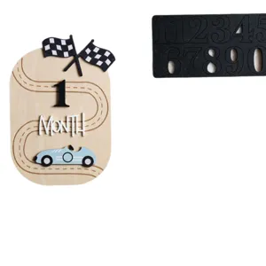 Wooden baby monthly milestone card with racing car prop for newborn photography growth
