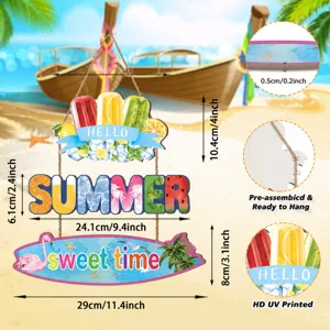 Detail view of summer beach wooden hanging sign, showing dimensions and premium thick quality.