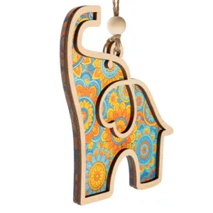 Wooden elephant hanging ornament with colorful mandala floral pattern, perfect for gift.