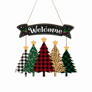 Plaque suspendue de Noël en bois décoration de porte avec arbres à carreaux et texte de bienvenue