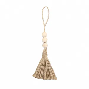 Hemp rope wooden bead tassel hanging ornament, rustic farmhouse wall decor pendant for home.
