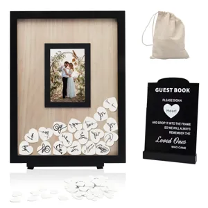 Wooden wedding drop top guest book frame set with wooden hearts, sign and linen pouch.