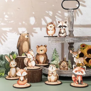 Wooden Forest Animal Tabletop Ornaments Set Cartoon Wild Animals Decor With Tree Miniature For Kids Birthday Party