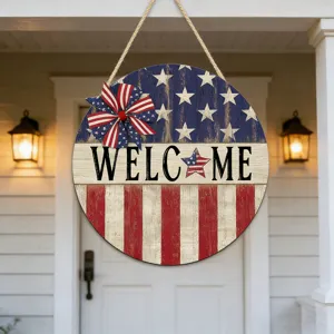 Rustic wooden hanging sign for Independence Day, patriotic welcome door plaque wall decor.