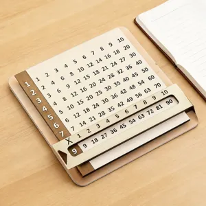 Dettaglio tabella di moltiplicazione scorrevole in legno, strumento didattico di matematica.