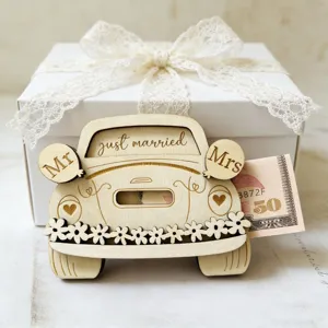 Wooden wedding car money holder with flowers and hearts, perfect for party table decor and gifts.