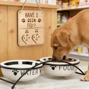 Détail de plaque en bois de rappel d'alimentation pour animaux, panneau suspendu pour chien.
