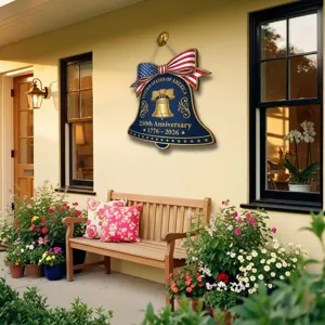 Independence day wooden hanging sign, US flag bell decor for outdoor porch and party celebration.